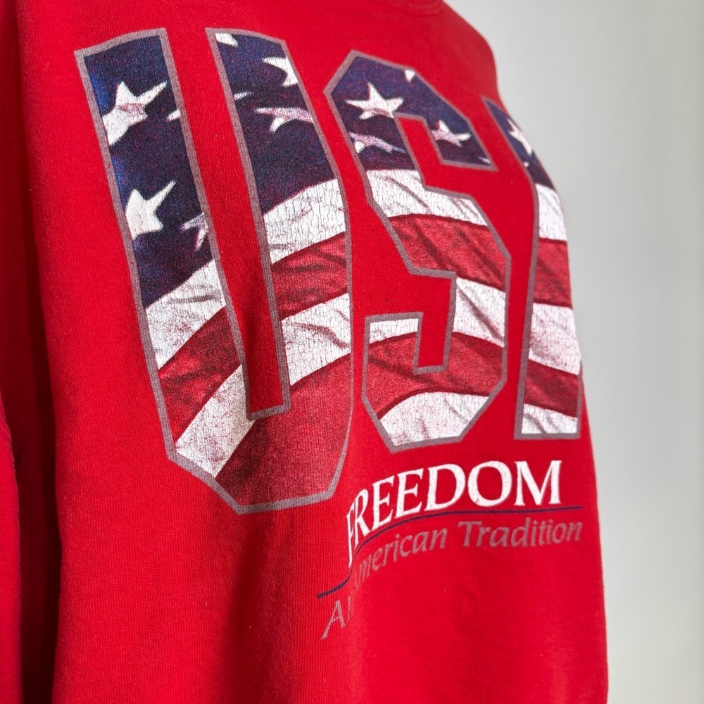 Vintage 90s Y2K USA Bright Red Patriotic Flag Sweatshirt America Freedom - Picture 6 of 14